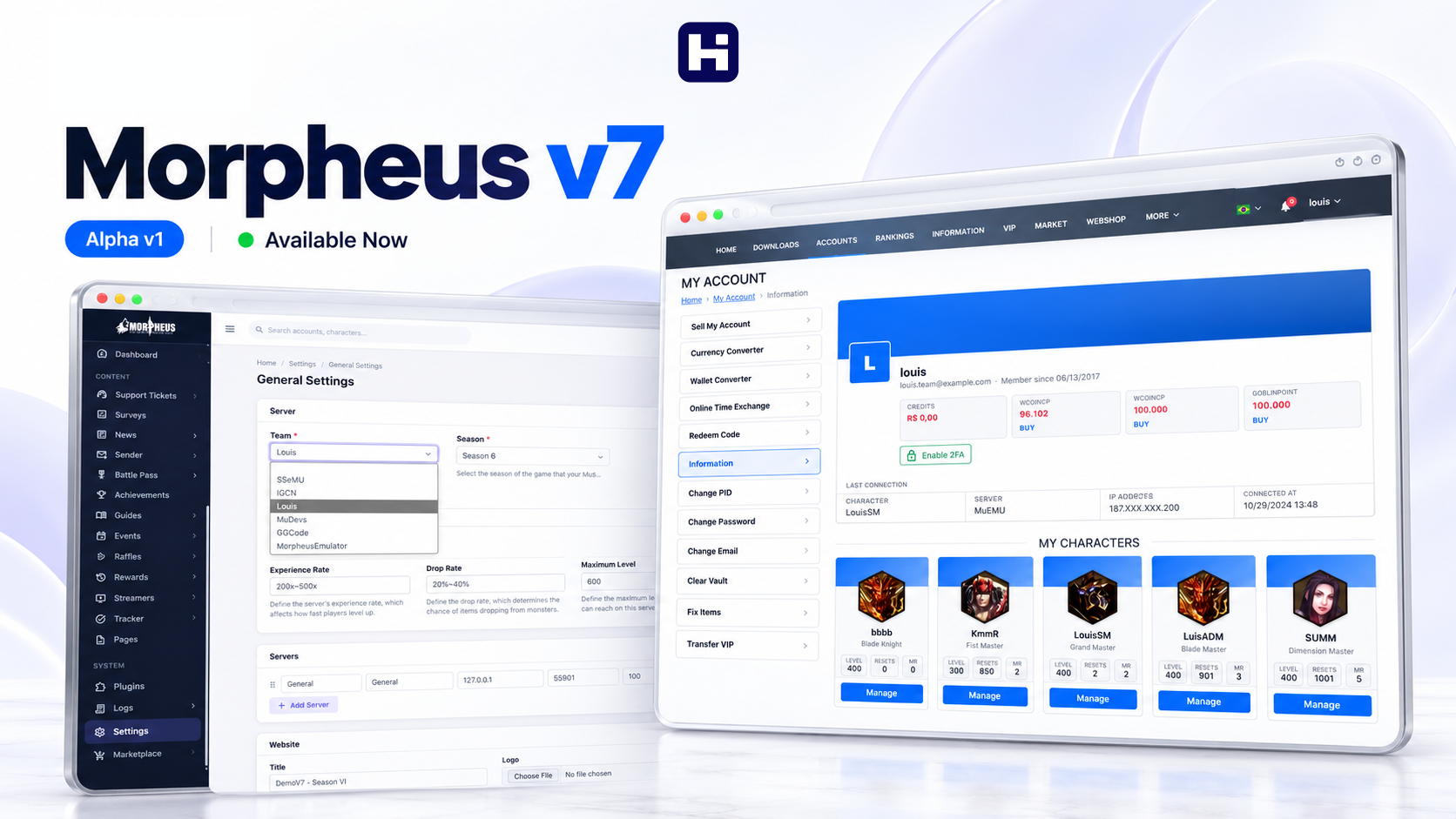Morpheus v7 — painel administrativo e área do jogador